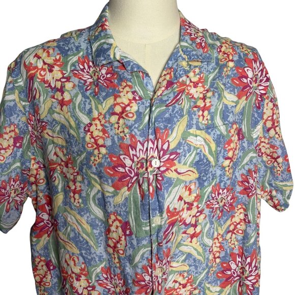 Cremieux Button Up Linen Hawaiian Shirt XL Blue Floral Linen Short Sleeve Pocket - Picture 2 of 7